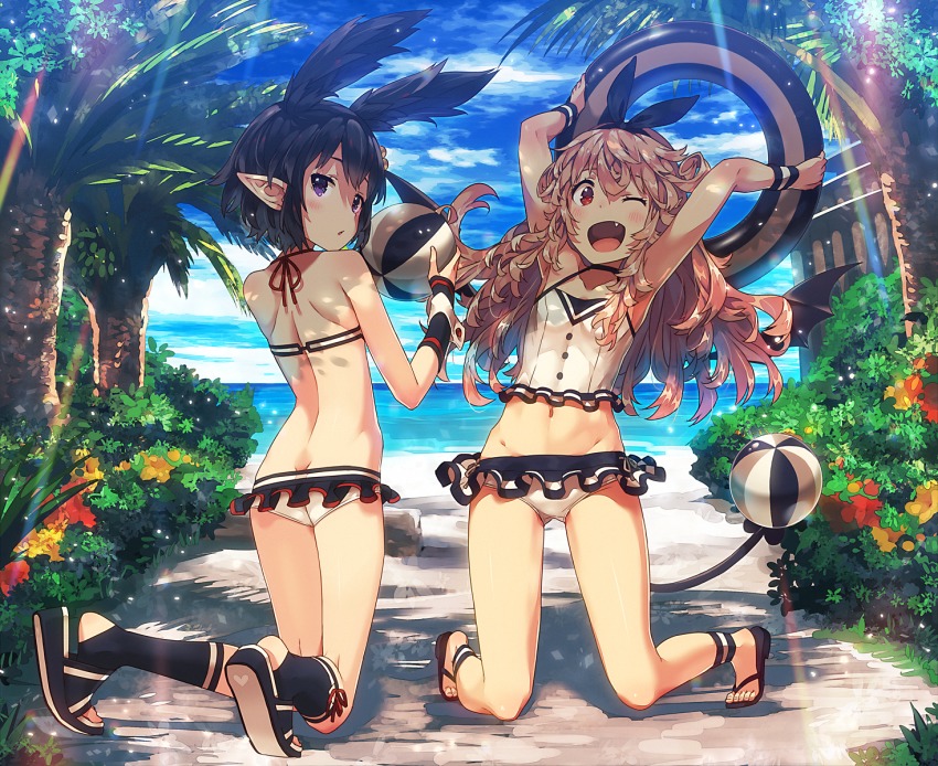 2girls ;d animal_ears arms_up ass back bad_id bad_pixiv_id ball bare_back bat_wings beachball bikini black_hair black_legwear breasts brown_hair bush butt_crack cloud crop_top day demon_tail extra_ears fang flip-flops frilled_bikini frills hair_ribbon halterneck highres holding innertube kneeling long_hair looking_at_viewer looking_back messy_hair multiple_girls narumi_arata navel ocean on_ground one_eye_closed open_mouth original outdoors palm_tree path plant pointy_ears purple_eyes recri_(narumi_arata) red_eyes revision ribbon road sandals shoe_soles short_hair shoulder_blades sky small_breasts smile socks stirrup_legwear sunlight swim_ring swimsuit tail toeless_legwear tree wings wrist_cuffs wristband