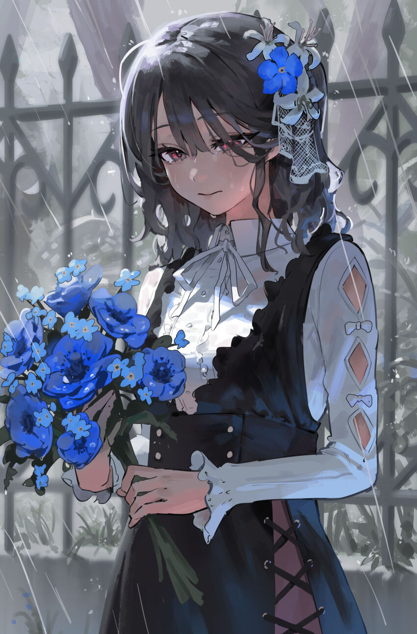 1girl absurdres black_dress black_hair blue_flower closed_mouth collared_shirt dress flower gate hair_flower hair_ornament headdress highres holding holding_flower kinoruru_toiro long_sleeves looking_down original outdoors rain red_eyes ribbon sad shirt short_hair solo water_drop wavy_hair wet white_shirt