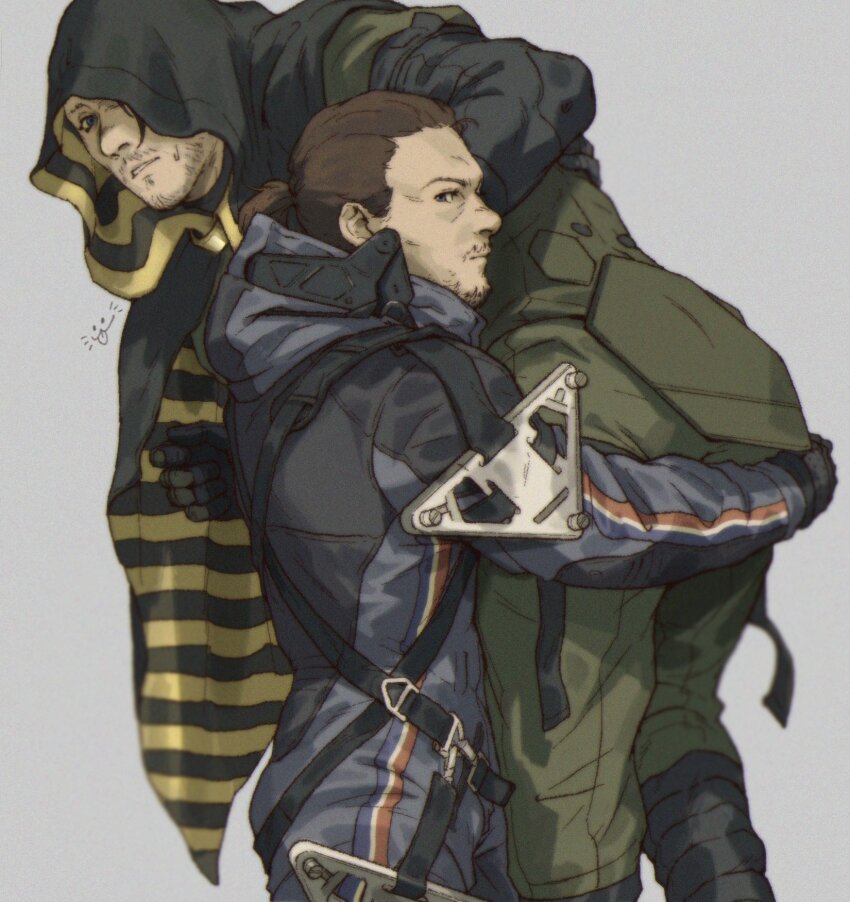 2boys ass black_cape black_gloves boots brown_hair cape carrying carrying_person couple death_stranding facial_hair gloves goatee grey_background hamms_hamss higgs_(death_stranding) highres hood hood_down hood_up hooded_cape male_focus mature_male multiple_boys mustache ponytail sam_porter_bridges short_hair simple_background spacesuit two-tone_cape yaoi yellow_cape