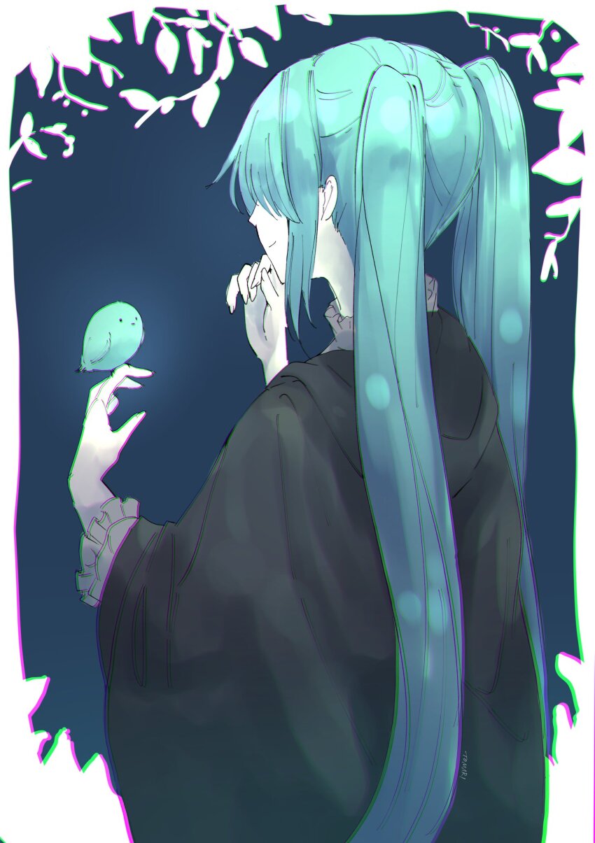 ._. 2girls aqua_feathers aqua_hair artist_name back bird bird_on_hand black_cloak blue_background branch chromatic_aberration cloak collar commentary eve_moonlit evil_smile evillious_nendaiki foliage frilled_collar frilled_cuffs frills hand_on_own_chin hatsune_miku highres hood hooded_cloak leaf long_hair michaela_(evillious_nendaiki) multiple_girls pale_skin robin_(animal) signature smile solid_circle_eyes stroking_own_chin tomari_drew twintails very_long_hair vocaloid