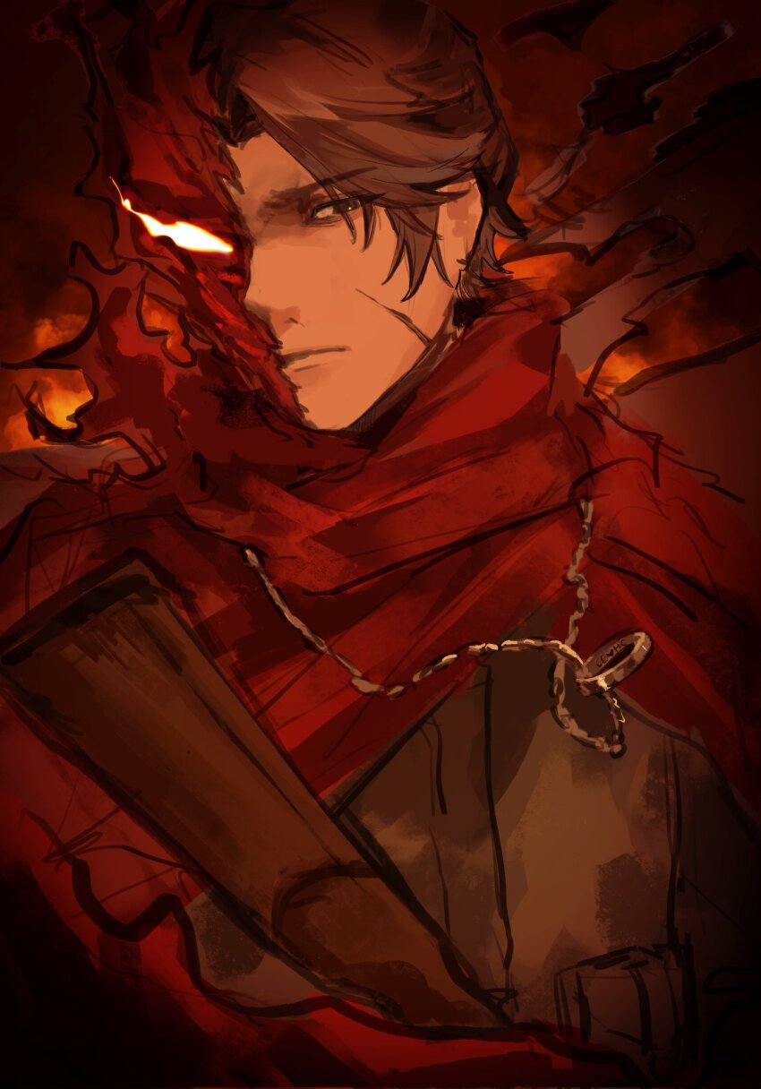 1boy black_jacket brown_hair cape closed_mouth e.g.o_(project_moon) fell_bullet_(e.g.o) fire gun heathcliff_(project_moon) highres holding holding_gun holding_weapon jacket jewelry limbus_company ling_zhiyun locket looking_at_viewer looking_to_the_side lying necklace on_back parted_bangs pendant project_moon red_cape rifle soldier solo upper_body weapon