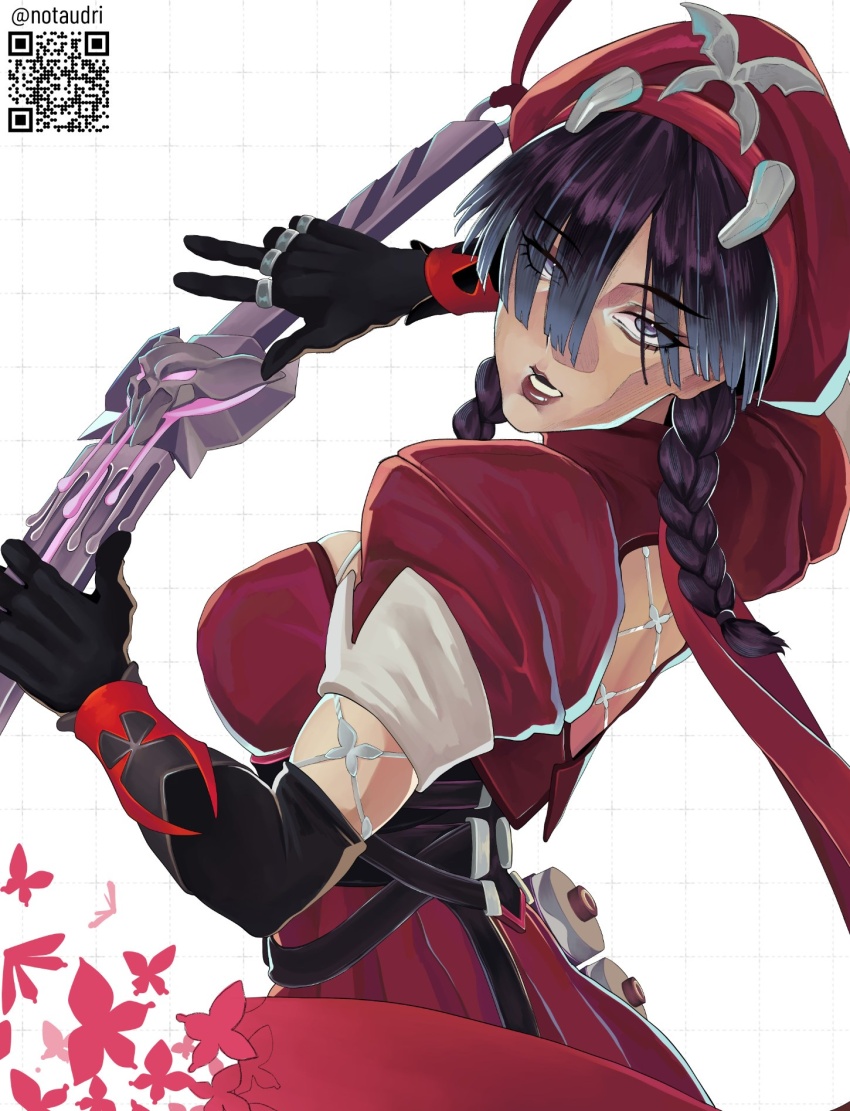 1girl black_gloves black_hair blue_eyes braid breasts bug butterfly dress elbow_gloves gloves hair_over_one_eye hat highres insect long_hair looking_at_viewer marvel marvel_rivals notaudri official_alternate_costume psylocke psylocke_(blood_kariudo) red_dress red_hat short_sleeves solo twin_braids x-men