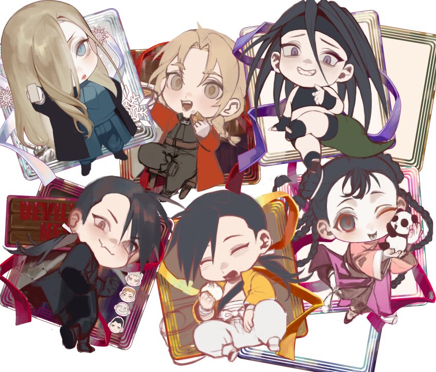 2girls 4boys absurdres black_hair black_headband blonde_hair blue_eyes braid cbow chibi chinese_commentary coat commentary_request double_bun edward_elric envy_(fma) full_body fullmetal_alchemist gloves greed_(fma) hair_bun hair_over_one_eye headband highres ling_yao long_hair looking_at_viewer may_chang multiple_boys multiple_girls olivier_mira_armstrong one_eye_closed panda ponytail red_coat smile white_gloves xiao-mei yellow_eyes