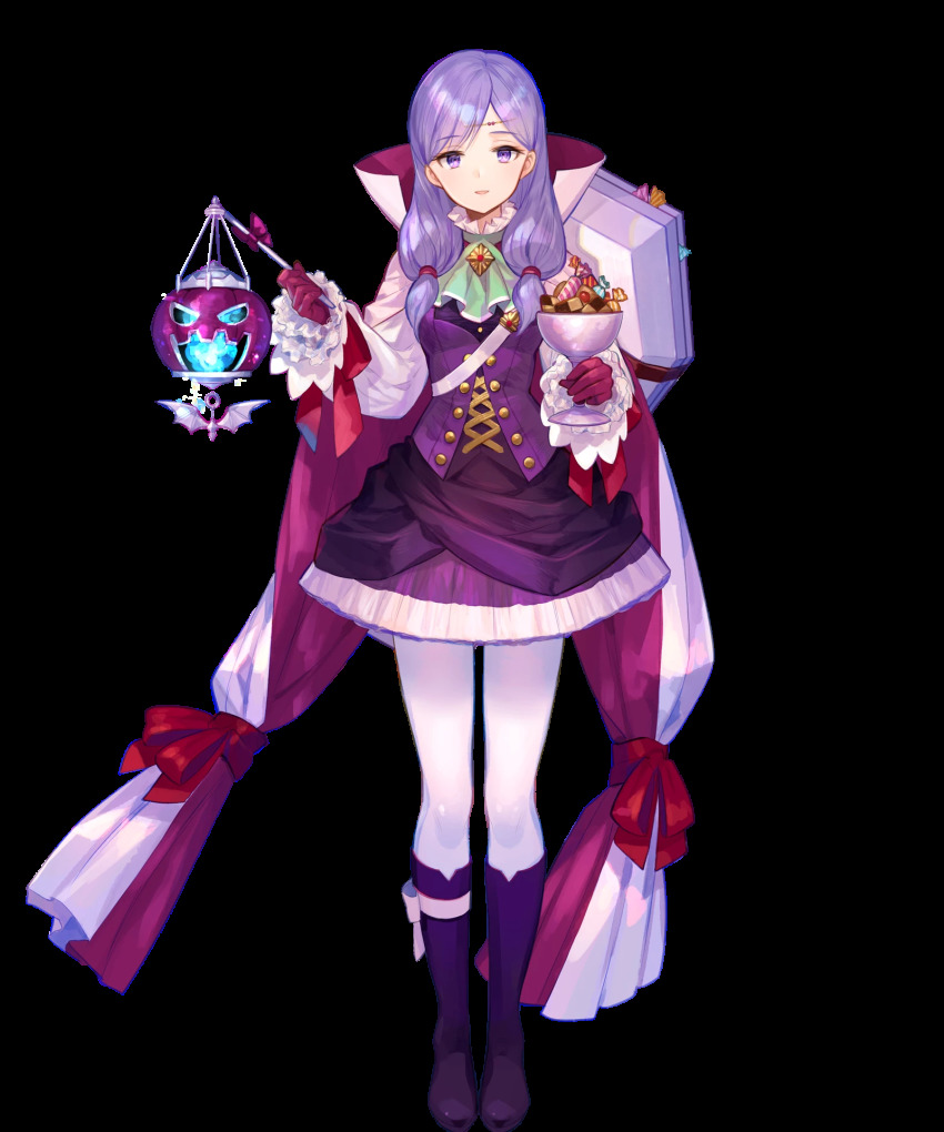 1girl alternate_costume boots breasts buttons candy cape detached_sleeves dress female_focus fire_emblem fire_emblem:_path_of_radiance fire_emblem:_radiant_dawn fire_emblem_heroes food full_body fuzichoco gloves halloween_costume highres holding ilyana_(fire_emblem) ilyana_(halloween)_(fire_emblem) jewelry knee_boots long_hair long_sleeves looking_at_viewer medium_breasts nintendo official_art pantyhose parted_lips purple_boots purple_eyes purple_gloves purple_hair short_dress skirt smile solo transparent_background white_pantyhose