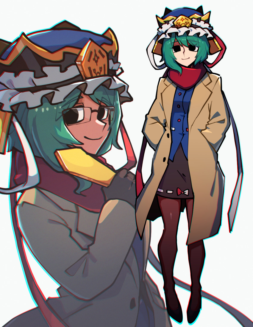 1girl bespectacled black-framed_eyewear black_pantyhose black_shoes black_skirt blue_vest brown_coat buttons closed_mouth coat frilled_hat frills full_body glasses green_hair hands_in_pockets hat hat_ribbon highres holding iganashi1 long_coat looking_at_viewer multiple_views pantyhose rectangular_eyewear red_ribbon red_scarf ribbon rod_of_remorse scarf shiki_eiki shoes skirt smile standing touhou vest white_ribbon
