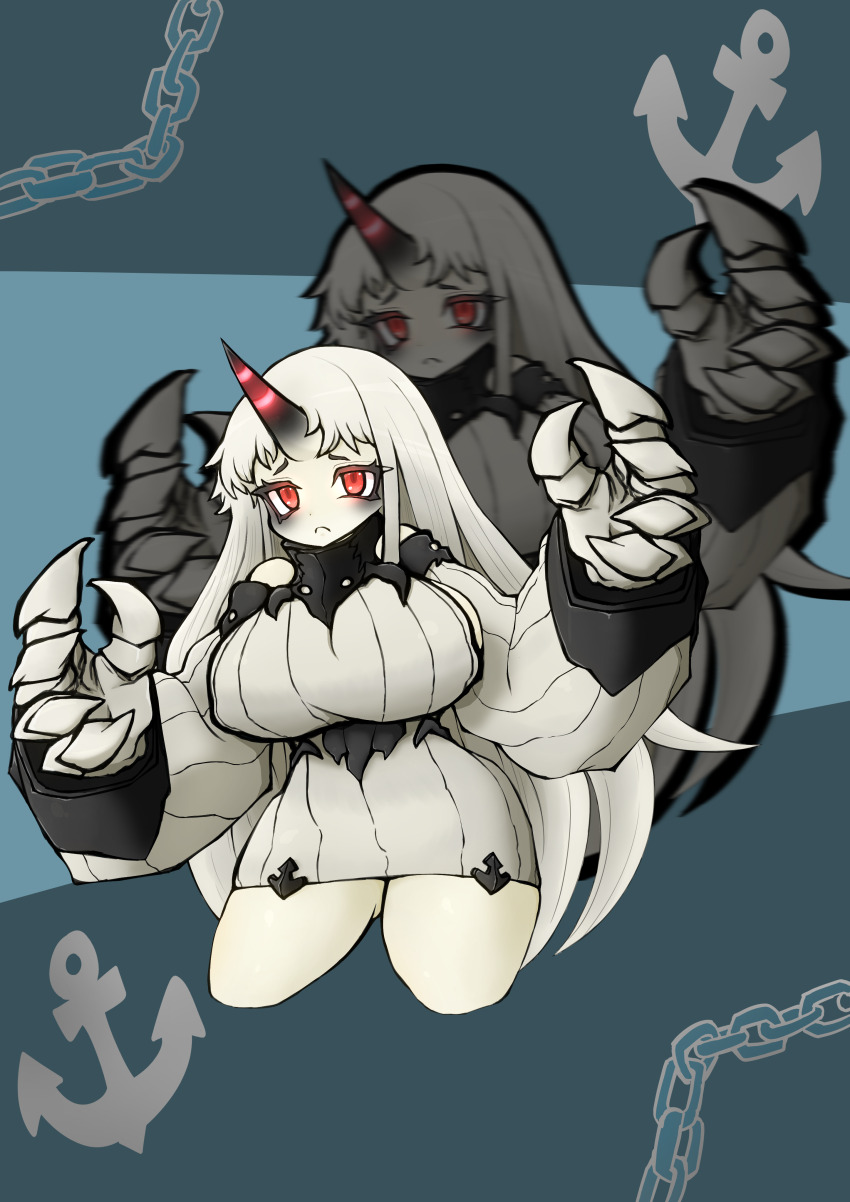 1girl absurdres abyssal_ship anchor_symbol black_collar blue_background breasts chain chibi claws closed_mouth collar colored_skin commentary_request cropped_legs detached_sleeves dress frown glowing glowing_eyes hands_up highres horns kantai_collection large_breasts long_hair projected_inset red_eyes ribbed_dress ribbed_sweater seaport_princess shadow_of_swamp sideboob simple_background single_horn solo striped_horns sweater sweater_dress variant_set very_long_hair white_hair white_skin