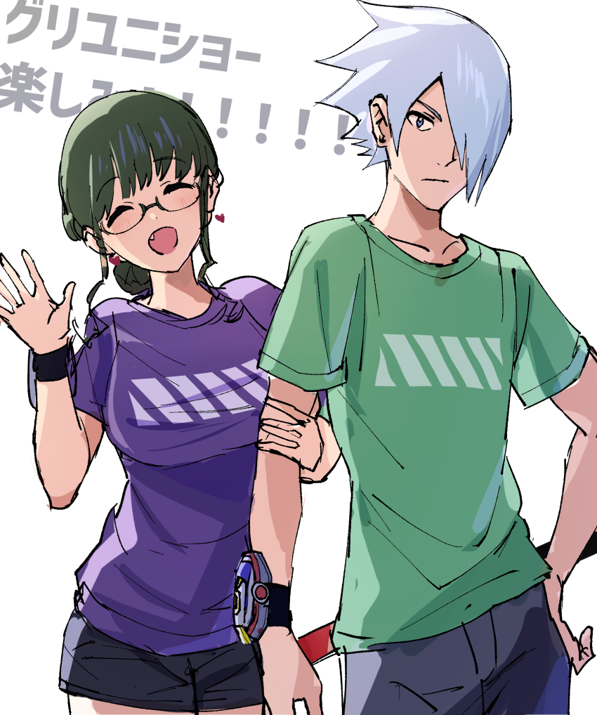 1boy 1girl acceptor anosillus_ii anti_(ssss.gridman) black_hair blue_eyes breasts glasses grey_hair gridman_universe gridman_universe_(movie) highres holding_another&#039;s_arm jewelry katana long_hair looking_at_viewer medium_breasts official_alternate_costume open_mouth sakamoto_(ojiojiojisanda) shirt short_hair smile sword t-shirt weapon