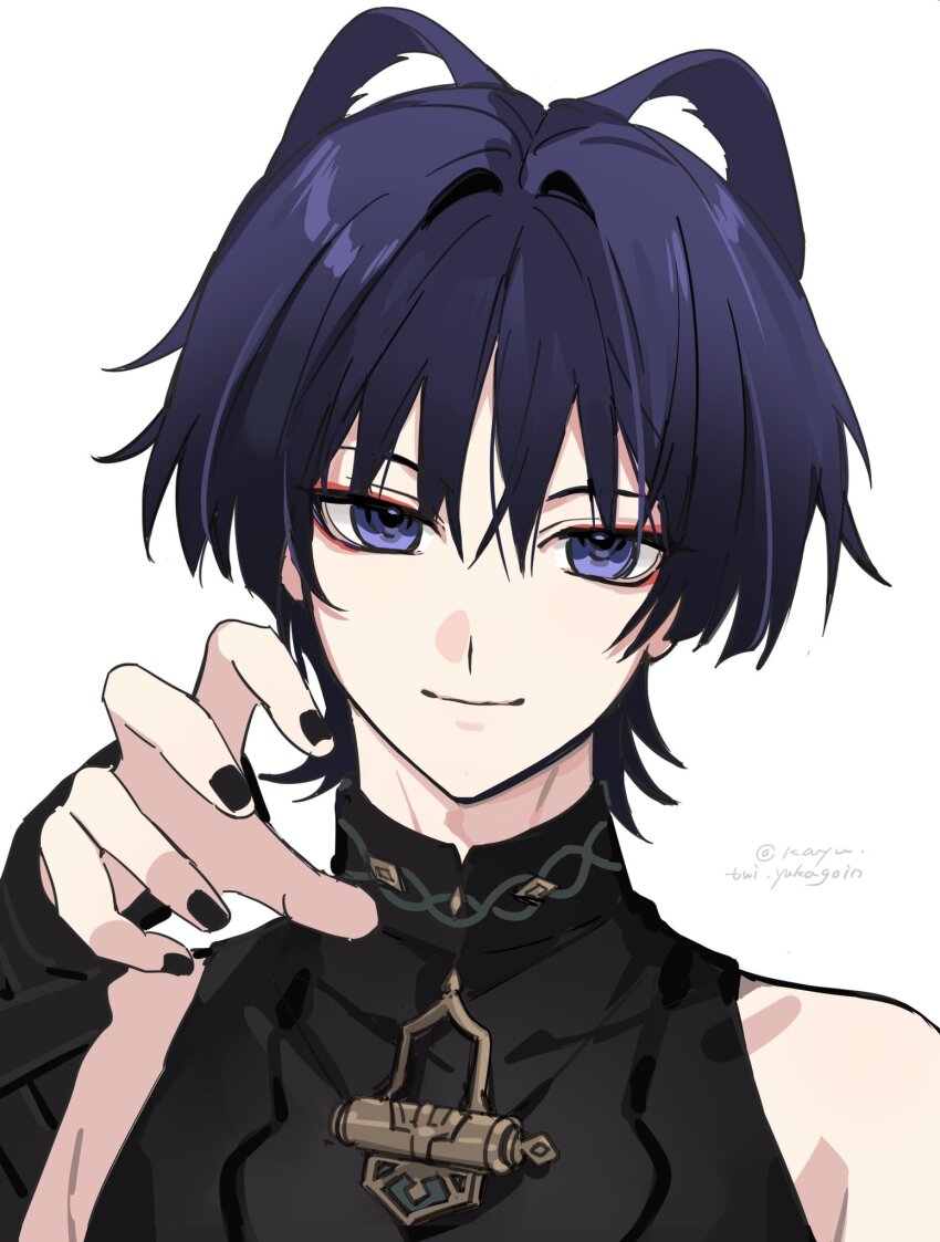 1boy animal_ears artist_name bare_shoulders black_nails black_shirt bridal_gauntlets cat_ears choppy_bangs claw_pose closed_mouth commentary covered_collarbone english_commentary eyeshadow fingernails genshin_impact hair_between_eyes hair_intakes hand_up highres kayu_(yukagoin) looking_at_viewer makeup male_focus nail_polish purple_eyes purple_hair red_eyeshadow scaramouche_(genshin_impact) shirt short_hair simple_background sleeveless sleeveless_shirt smile solo twitter_username upper_body wanderer_(genshin_impact) white_background