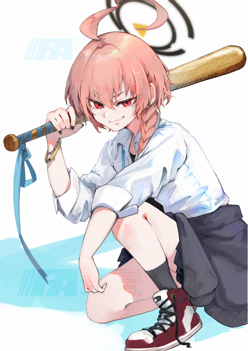 1girl absurdres ahoge baseball_bat black_jacket black_nails black_shirt black_skirt black_socks blue_archive braid closed_mouth clothes_around_waist hair_between_eyes highres holding holding_baseball_bat huge_ahoge jacket jacket_around_waist koyuuuuuuuuuuu long_hair looking_at_viewer mole mole_under_eye neru_(blue_archive) neru_(school_uniform)_(blue_archive) official_alternate_costume on_one_knee red_eyes red_hair red_shoes shirt shoes single_braid skirt sleeves_rolled_up smile socks solo watermark white_shirt