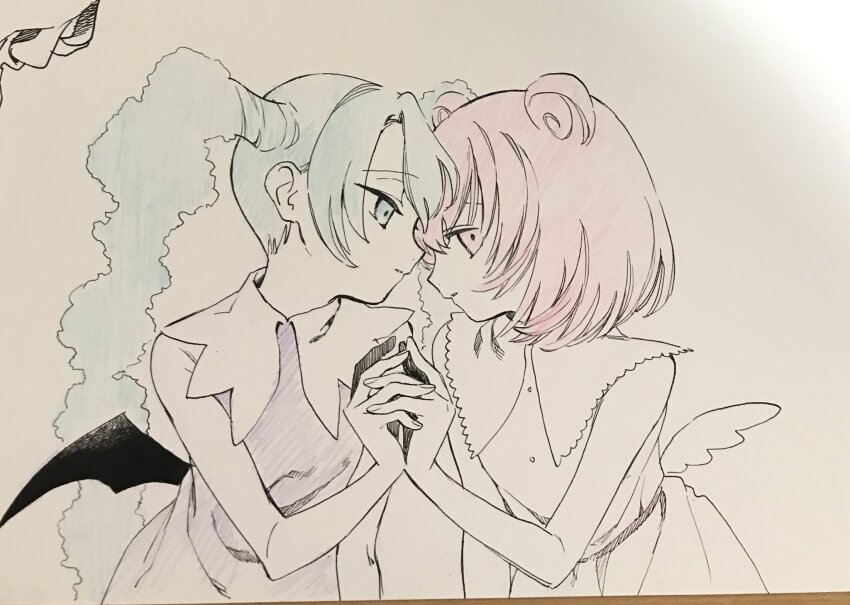 2girls angel_wings bare_arms bare_shoulders black_wings blue_eyes blue_hair buttons cartoon_wings collared_dress commentary_request cowboy_shot demon_wings double_bun dress expressionless fingernails hair_between_eyes hair_bun heads_together highres holding_hands interlocked_fingers long_hair looking_at_viewer maru_(xxxholic) mini_wings moro_(xxxholic) multiple_girls no+bi= parted_lips photo_(medium) pink_eyes pink_hair pleated_dress purple_dress short_hair single_wing skirt sleeveless sleeveless_dress traditional_media twintails very_long_hair white_dress white_wings wings xxxholic yuri