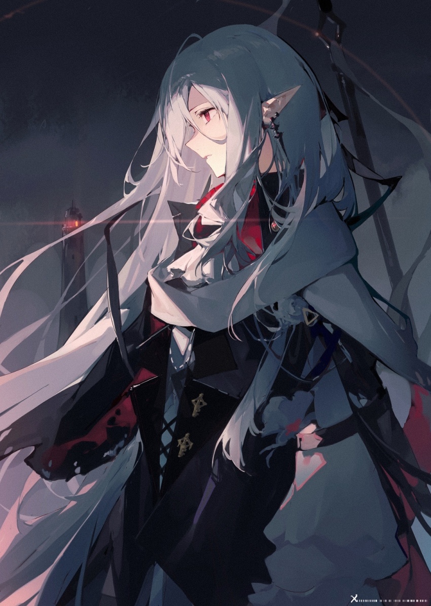 1girl arknights beacon dadijiji earrings gladiia_(arknights) gladiia_(return)_(arknights) grey_hair hair_ornament highres jewelry lance long_hair necktie pointy_ears polearm red_eyes scarf weapon