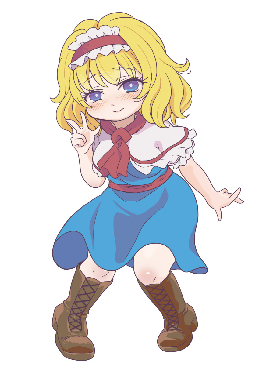 1girl alice_margatroid ascot blonde_hair blue_dress blue_eyes blush boots bright_pupils brown_boots capelet closed_mouth commentary_request cookie_(touhou) dress frilled_hairband frills full_body hairband head_bump highres ichigo_(cookie) lace-up_boots looking_at_viewer red_ascot red_hairband simple_background smile solo touhou tsuzuchii w white_background white_capelet white_pupils
