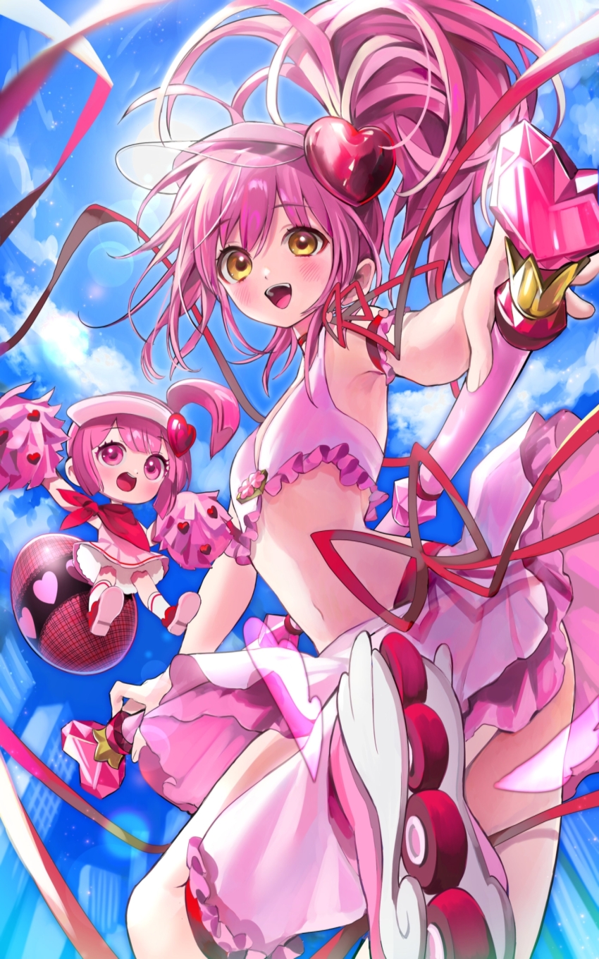 1girl 2girls absurdres armband bare_shoulders bikini bikini_top_only blush breasts guardian_chara hair_ornament hairclip highres hinamori_amu holding jihya leg_warmers long_hair looking_at_viewer magical_girl multiple_girls navel open_mouth outdoors pink_hair pink_skirt plaid_clothes plaid_leg_warmers plaid_legwear pom_pom_(cheerleading) ponytail roller_skates shugo_chara! skates skirt small_breasts smile swimsuit visor_cap yellow_eyes