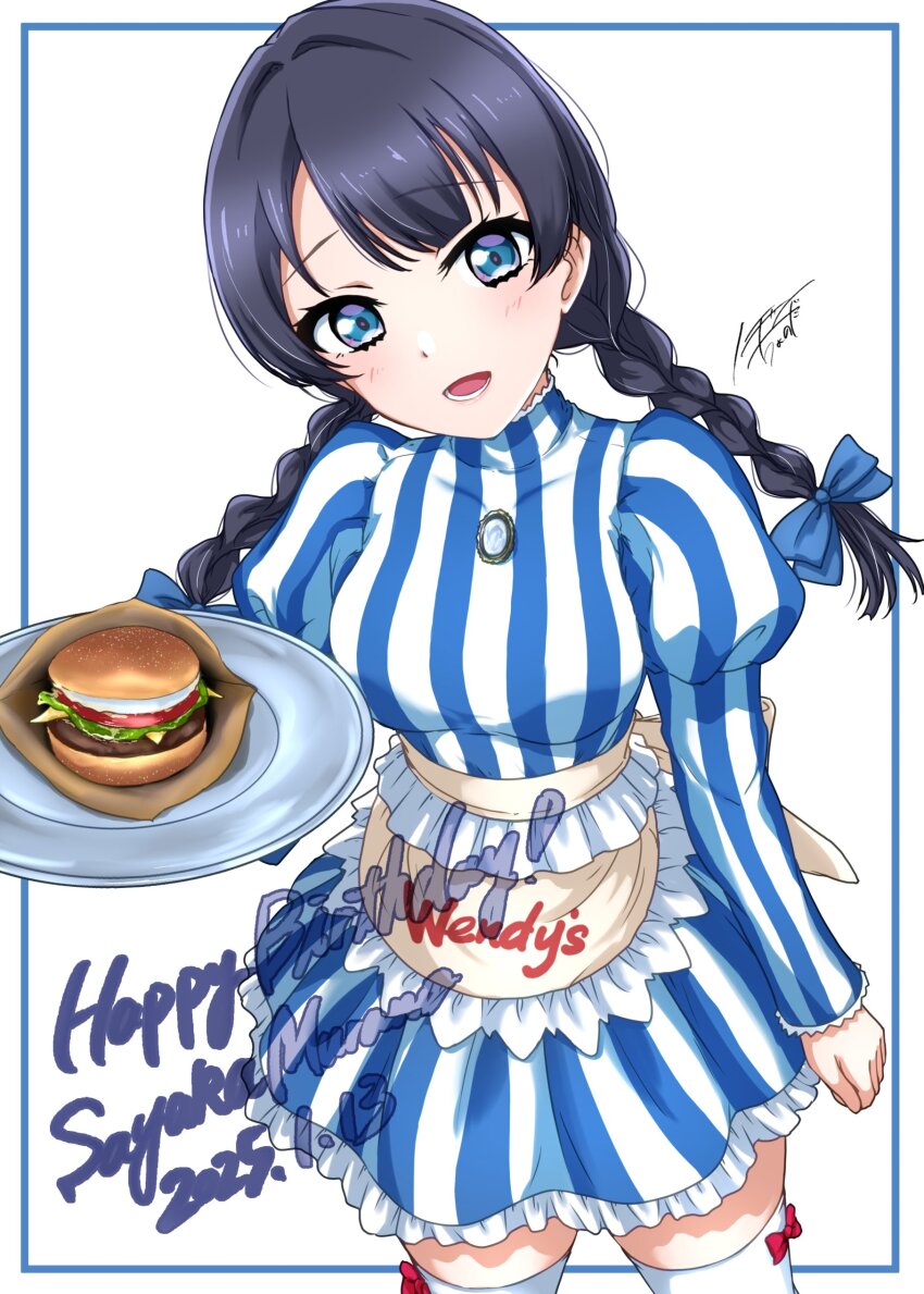 1girl :d absurdres apron blue_dress blue_eyes blue_hair blush bow bow_legwear braid breasts burger character_name commentary_request cowboy_shot dated dress food frilled_apron frilled_dress frills happy_birthday head_tilt highres holding holding_tray juliet_sleeves link!_like!_love_live! long_hair long_sleeves looking_at_viewer love_live! low_twin_braids lower_teeth_only medium_breasts murano_sayaka noochan_chonoda official_alternate_costume open_mouth puffy_sleeves red_bow short_dress signature simple_background smile solo striped_clothes striped_dress teeth thighhighs tray twin_braids vertical-striped_clothes vertical-striped_dress virtual_youtuber waist_apron wendy&#039;s white_background white_thighhighs yellow_apron zettai_ryouiki