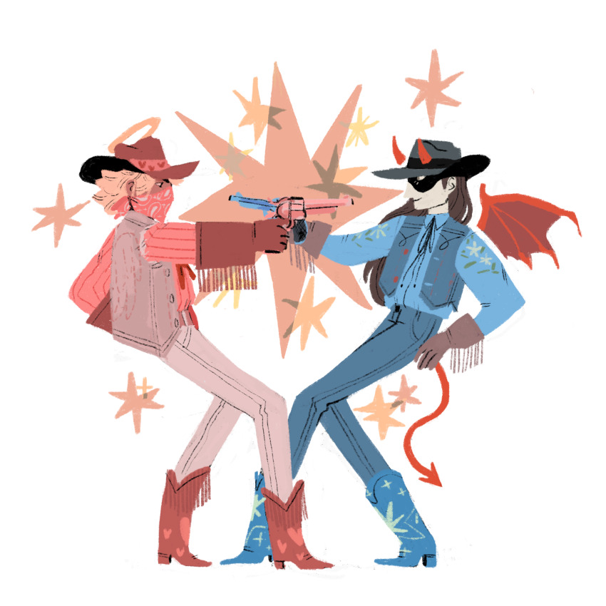 2girls angel_and_devil bandana bat_wings black_bow black_bowtie black_eyes black_mask blonde_hair blue_footwear blue_pants blue_shirt blue_vest bolo_tie boots bow bowtie brown_hair color_coordination commentary cowboy_boots cowboy_fringe cowboy_hat cowboy_western cowgirl_(western) dahliasheep dark-skinned_female dark_skin demon_horns demon_tail demon_wings denim domino_mask duel english_commentary eye_contact floral_print fringe_trim full_body gloves grey_gloves grey_hat grey_pants grey_vest gun halo handgun hat heart heart_print highres holding holding_gun holding_weapon horns jeans leaning_back long_hair long_sleeves looking_at_another mask mouth_mask multiple_girls orange_halo original pale_skin pants pink_background pink_bandana pink_boots pink_mask pink_shirt pink_weapon print_footwear print_shirt print_vest red_bow red_bowtie red_footwear red_gloves red_hat red_horns red_tail red_wings shirt short_hair smile standing star_(symbol) star_print symmetrical_pose tail vest weapon white_background wing_print wings