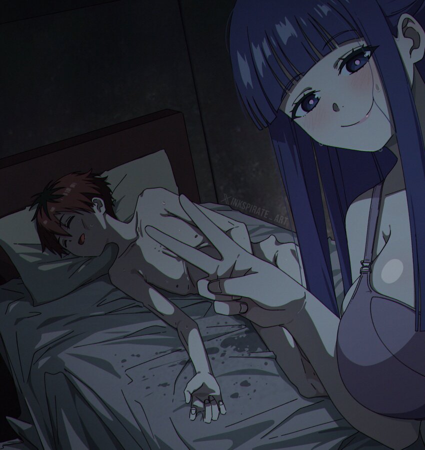 1boy 1girl artist_name bed bedroom blush bra breasts commentary completely_nude fern_(sousou_no_frieren) guy_tired_after_sex_(meme) hand_up highres implied_after_sex indoors inkspirate large_breasts looking_at_viewer loose_hair_strand meme nude on_bed pillow purple_bra purple_eyes purple_hair red_hair ribs short_hair sleeping smile sousou_no_frieren stark_(sousou_no_frieren) sweat twitter_x_logo underwear v