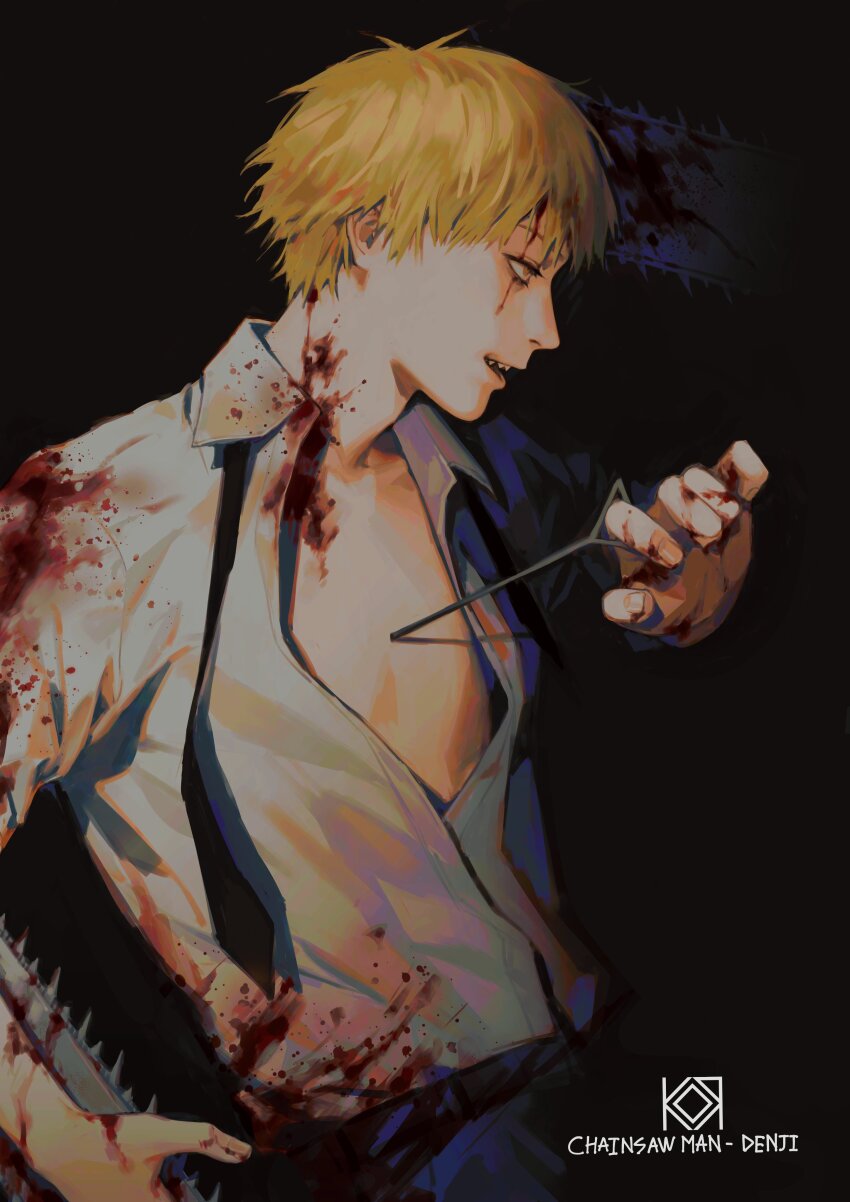 1boy absurdres black_background black_necktie black_pants blonde_hair blood blood_on_arm blood_on_clothes blood_on_face blood_on_hands blood_on_neck chainsaw chainsaw_man character_name copyright_name denji_(chainsaw_man) from_side highres koro_dou male_focus necktie open_clothes open_shirt pants sharp_teeth shirt short_hair simple_background solo teeth undone_necktie upper_body upper_teeth_only white_shirt