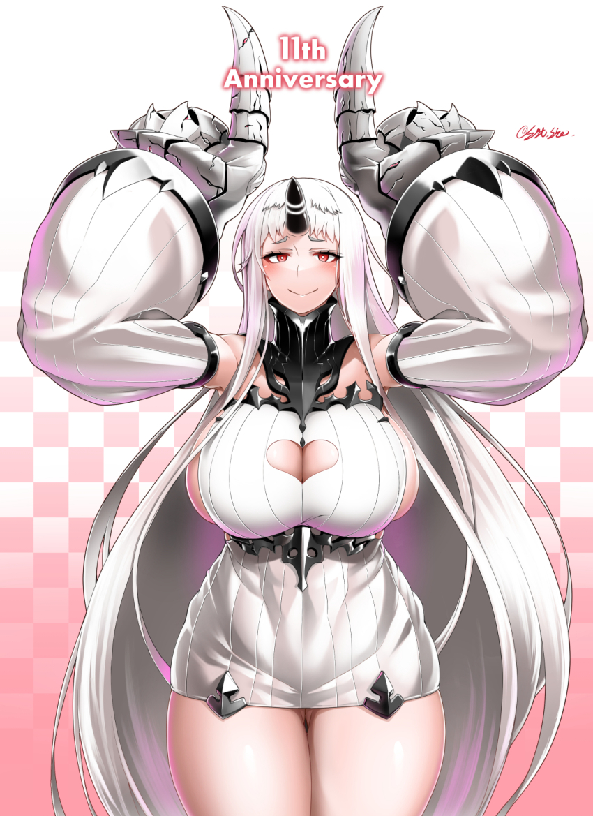 1girl abyssal_ship anniversary blush breasts cleavage_cutout clothing_cutout cowboy_shot detached_sleeves gauntlets highres horns huge_breasts kantai_collection long_hair looking_at_viewer red_eyes saizu_nitou_gunsou seaport_princess sideboob single_horn skindentation smile solo thigh_gap thighs very_long_hair white_hair