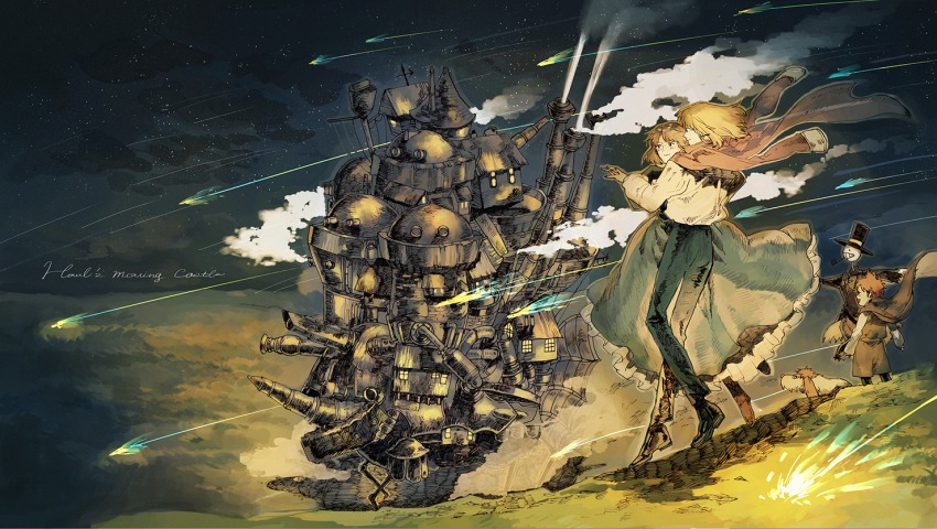 00s 1girl 2boys animal bad_id bad_pixiv_id black_footwear blonde_hair blue_dress blue_pants boots brown_footwear brown_hair cape cloud copyright_name couple dog dress earrings english_text frilled_dress frills grass grin hat heen hetero holding howl_(howl_no_ugoku_shiro) howl_no_ugoku_shiro jacket jacket_on_shoulders jewelry kakashi_no_kabu kurohal long_sleeves markl multiple_boys night night_sky outdoors pants scarecrow shirt shoes shooting_star short_hair shorts sky smile sophie_(howl_no_ugoku_shiro) standing studio_ghibli top_hat white_shirt wind