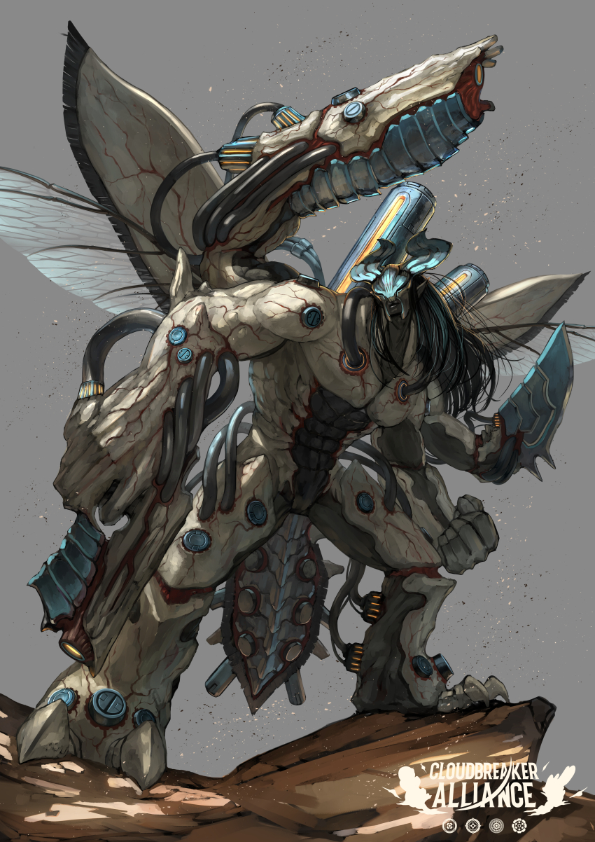 absurdres black_hair clenched_hand cloudbreaker_alliance copyright_name extra_arms grey_background gun highres holding holding_gun holding_weapon horns insect_wings long_hair monster muscular muscular_male official_art simple_background standing tagme tube weapon wings yumo80295386