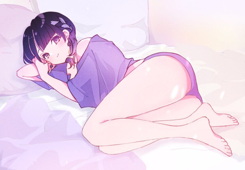 1girl barefoot blanket blunt_bangs blush character_request closed_mouth eyelashes full_body iriam looking_at_viewer lying medium_hair mikkameno_yoru on_side pillow purple_hair purple_shirt purple_shorts shirt shorts smile thighs virtual_youtuber