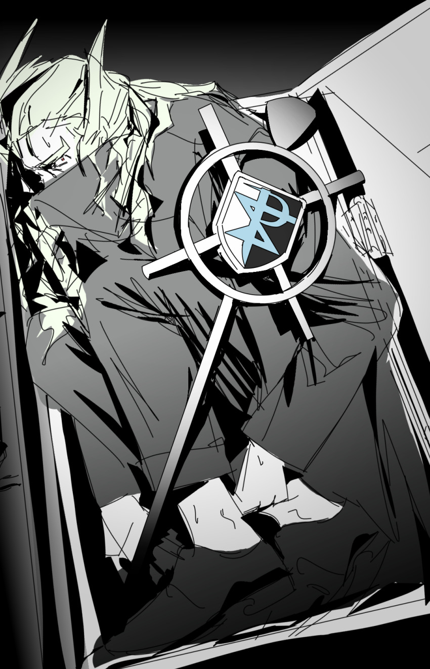 1boy black_background black_cloak black_shoes blonde_hair cloak commentary covered_mouth ghetsis_(pokemon) goldgalchi hair_slicked_back hand_on_ground high_collar highres indoors kneeling looking_ahead male_focus muted_color nintendo pokemon pokemon_bw2 shoes sketch solo staff unfinished vignetting wide-eyed