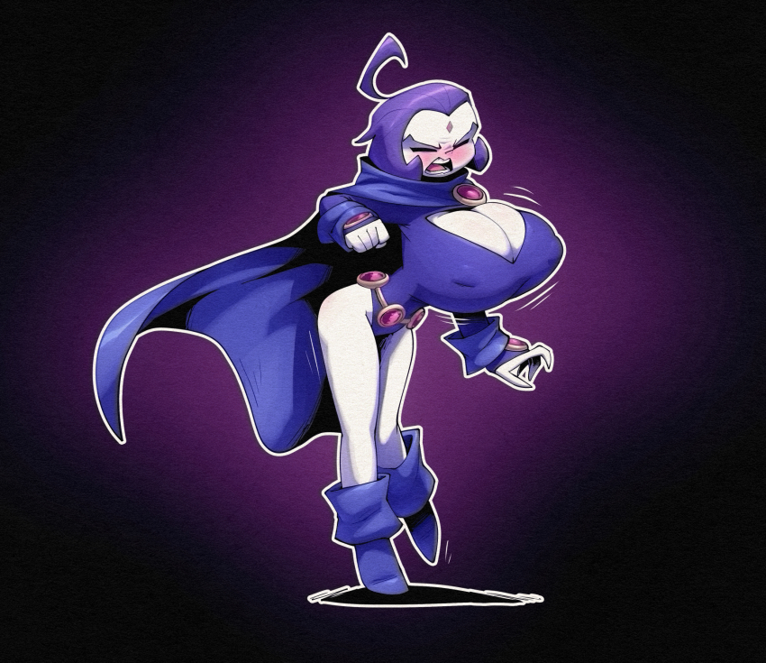 1girl ahoge bare_legs belly_chain bigdad blue_cloak blue_footwear blue_leotard blush breasts cleavage cleavage_cutout clenched_hand cloak closed_eyes clothing_cutout colored_skin covered_erect_nipples dc_comics forehead_jewel full_body gazlene_membrane grey_skin hand_up highres huge_breasts invader_zim jewelry leotard motion_lines open_mouth purple_background purple_hair raven_(dc) short_hair simple_background sleeved_leotard solo superhero_costume teen_titans