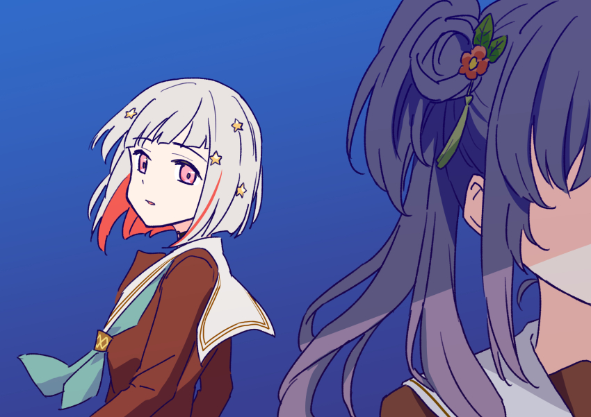 2girls aqua_neckerchief black_choker blue_background bob_cut brown_dress choker colored_inner_hair commentary dress faceless faceless_female flower grey_hair hair_bun hair_flower hair_ornament hasu_no_sora_school_uniform highres inverted_bob link!_like!_love_live! long_sleeves looking_at_another looking_to_the_side love_live! multicolored_hair multiple_girls neckerchief nogreen o-ring o-ring_choker otomune_kozue parted_lips pink_eyes red_flower red_hair sailor_collar sailor_dress school_uniform short_hair side_ponytail simple_background single_side_bun star_(symbol) star_hair_ornament streaked_hair tassel tassel_hair_ornament upper_body virtual_youtuber white_sailor_collar winter_uniform yugiri_tsuzuri