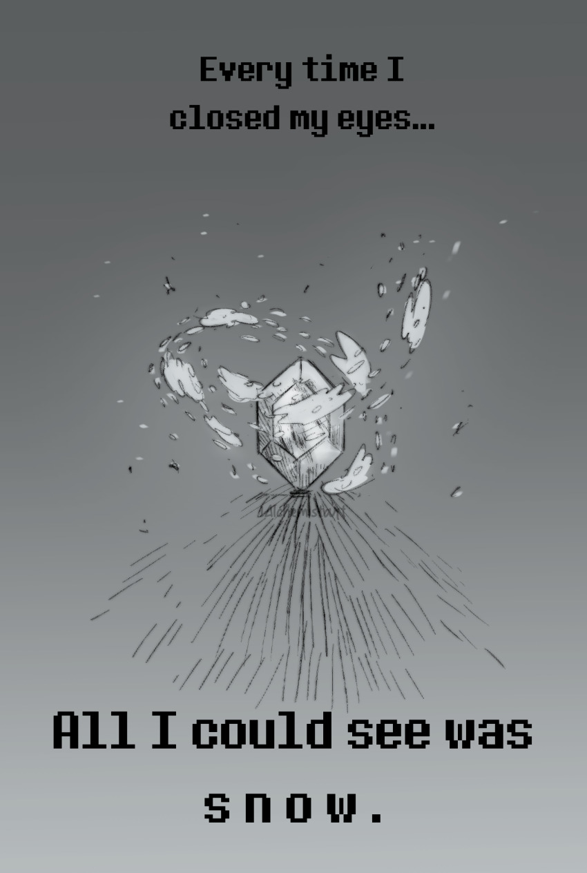 1alchemistart deltarune english_text greyscale highres ice implied_murder monochrome no_humans sketch snow snowing weird_route_(deltarune)