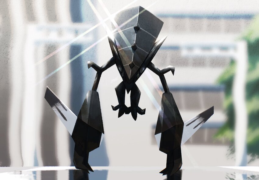 black_gemstone clawed_gauntlets claws crystal diffraction_spikes ewokakukaede floating gem gen_7_pokemon head_down highres legendary_pokemon light_rays necrozma necrozma_(normal) nintendo no_humans pokemon pokemon_(creature) pokemon_focus solo spikes
