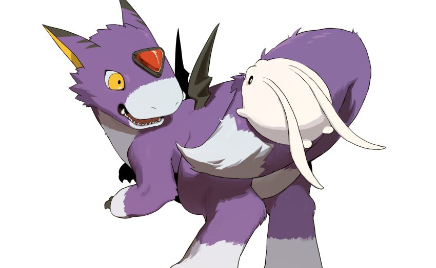 biting_another&#039;s_tail black_wings body_fur digimon dorumon forehead_jewel from_behind highres looking_back missyou67363 no_humans purple_fur sharp_teeth simple_background standing tail teeth tokomon white_background wings yellow_eyes