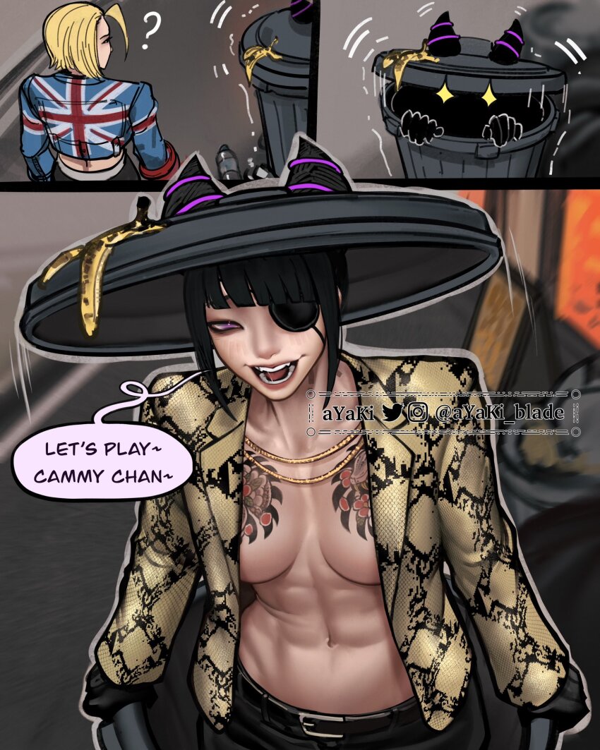 2girls ? artist_name ayaki_blade banana_peel belt black_belt black_gloves black_hair blazer blonde_hair blue_shirt breasts cammy_white commentary_request cosplay english_text eyepatch gloves han_juri highres in_container in_trash_can instagram_logo instagram_username jacket majima_goro majima_goro_(cosplay) medium_breasts multiple_girls one_eye_covered open_clothes open_jacket open_mouth purple_eyes ryuu_ga_gotoku_(series) ryuu_ga_gotoku_1 shirt snake_print speech_bubble street_fighter street_fighter_6 tattoo tongue trash_can trashcan_lid twitter_logo twitter_username union_jack_print