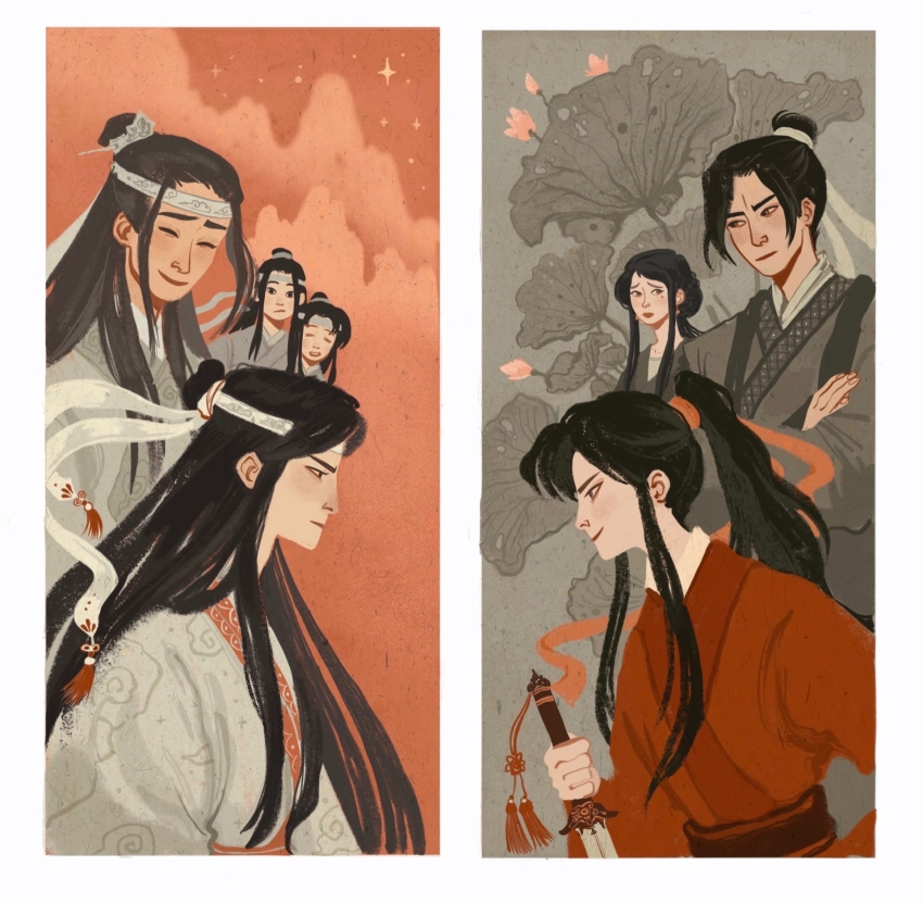 1girl 6+boys :/ black_eyes black_hair border chinese_clothes closed_mouth commentary eyeliner flower frown glaring grey_background grey_hanfu hair_bun hair_ornament hair_ribbon hanfu headband high_ponytail highres holding holding_sword holding_weapon jiang_cheng jiang_yanli lan_jingyi lan_sizhui lan_wangji lan_xichen long_hair long_sleeves lotus lotus_leaf makeup male_focus modao_zushi mountainous_horizon multiple_boys pink_flower ponytail red_background red_eyeliner red_hanfu red_ribbon red_theme ribbon single_hair_bun sky smile split_theme star_(sky) starry_sky sword sword_tassel symbol-only_commentary tassel upper_body weapon wei_wuxian white_border white_hanfu white_headband white_ribbon yaroslava_murashko