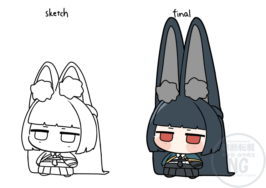 1girl absurdly_long_hair absurdres animal_ear_fluff animal_ears aqua_capelet black_hair black_necktie black_skirt blunt_bangs blunt_ends blush_stickers chibi commentary_request highres hime_cut hoshimi_miyabi jitome long-eared_miyabi_(meme) long_hair meme multiple_views necktie no_mouth pleated_skirt red_eyes shinonome_nashi shirt simple_background sketch skirt solo standing very_long_ears very_long_hair watermark white_background white_shirt zenless_zone_zero