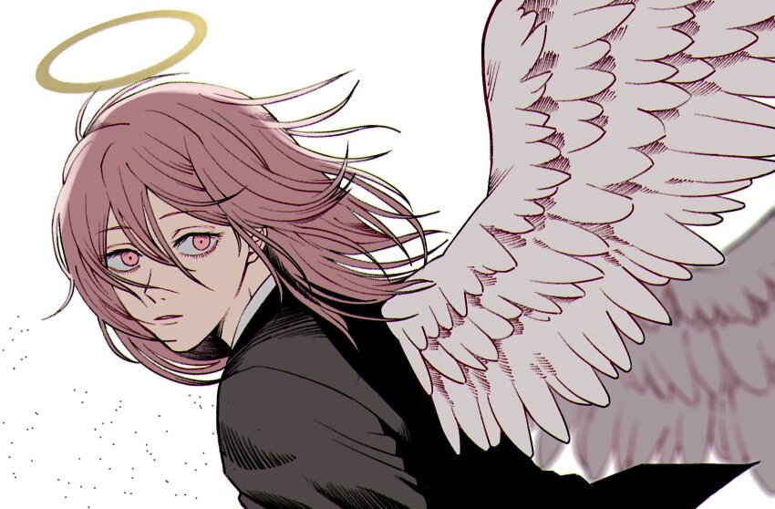 1boy androgynous angel_devil_(chainsaw_man) angel_wings black_jacket chainsaw_man commentary_request feathered_wings from_side halo highres jacket llq9ull male_focus red_eyes red_hair solo traditional_halo upper_body wings