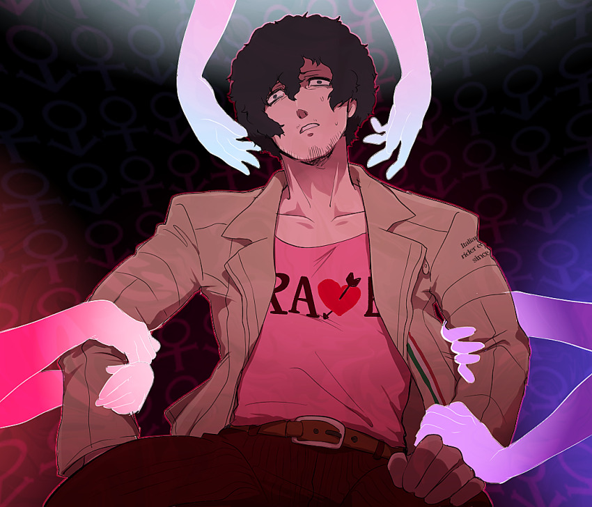 1boy beard_stubble belt black_background black_eyes black_hair brown_jacket catherine:_full_body catherine_(game) disembodied_hand english_text facial_hair gradient_background hands_on_another&#039;s_arm heart heart_print hoshi_(star-name2000) jacket male_focus mars_symbol messy_hair mustache_stubble pink_shirt shirt short_hair silhouette sitting stubble sweatdrop venus_symbol vincent_brooks