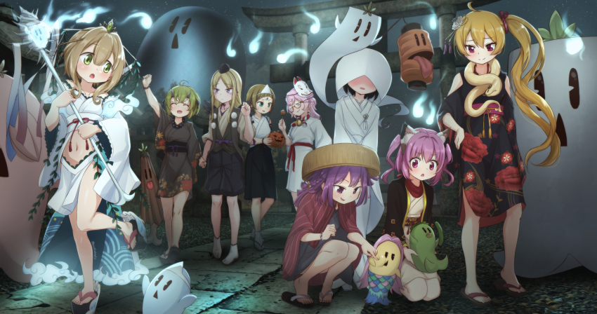 6+girls abutomato ahoge animal_ears anna_mel arm_at_side arm_up arms_at_sides bead_bracelet bead_necklace beads bell black_hair black_kimono black_sash black_skirt black_wings blonde_hair blush bow bracelet bride brown_kimono brown_vest cat_ears cheek_pinching cheek_poking clenched_hand closed_eyes clothing_cutout covered_eyes cropped_kimono dot_nose facial_mark floral_print flower_knot fox_mask gem geta glasses green_eyes green_gemstone green_hair grin hair_bow hair_ornament halloween halloween_costume hand_on_own_hip hand_up haori hat highres holding holding_hands holding_staff hood hood_up hooded_kimono jack-o&#039;-lantern jacket japanese_clothes jewelry kanzashi kazari_jun kimono kouhaku_nawa kuro_(magia_record_game) leg_up legs_apart long_hair long_sleeves looking_at_another magia_record:_mahou_shoujo_madoka_magica_gaiden mahou_shoujo_madoka_magica makino_ikumi mask medium_hair medium_skirt midori_ryo midriff miniskirt multiple_girls navel neck_bell necklace noh_mask obi okobo open_mouth outdoors parted_bangs pinching pink_eyes pink_hair platform_sandals poking pom_pom_(clothes) ponytail print_kimono purple_eyes purple_hair red_eyes red_jacket red_ribbon red_sash red_scarf ribbon rope sandals sarasa_hanna sash satori_kagome scarf shimenawa shiromuku short_hair short_kimono shoulder_cutout side_ponytail side_slit sitting skirt sleeveless sleeveless_kimono smile snake socks squatting staff standing suzuka_sakuya tabi third_eye tiara tokin_hat torii triangular_headpiece two_side_up uchikake vest waist_cape waist_sash walking white_kimono white_skirt white_socks wide_sleeves wings yellow_bow yellow_kimono yukino_kanae
