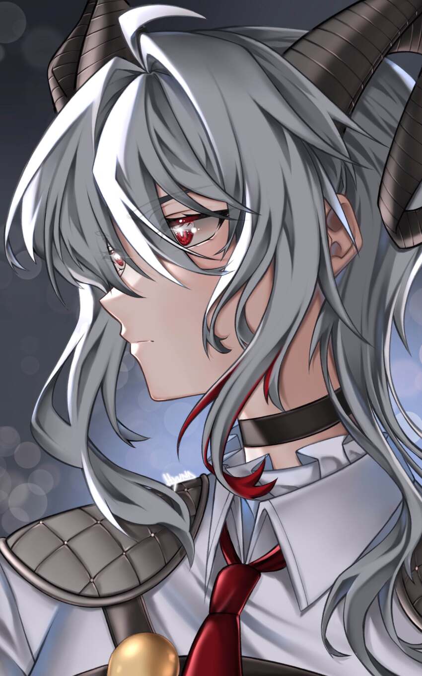 1girl absurdres black_choker black_horns bright_pupils choker closed_mouth collared_shirt commentary curled_horns grey_hair highres horns hyuna_chan long_hair looking_afar looking_to_the_side multicolored_hair necktie portrait red_eyes red_necktie shirt solo streaked_hair white_pupils white_shirt wuthering_waves zani_(wuthering_waves)