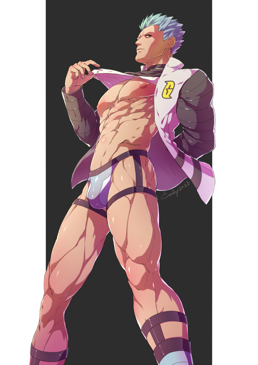 1boy abs bara bare_pectorals black_jacket bulge closed_mouth clothes_lift cyrus_(pokemon) evinist grey_male_underwear highres jacket jockstrap large_pectorals male_focus male_underwear muscular muscular_male navel nintendo nipples open_clothes open_jacket pectorals pokemon pokemon_dppt shirt shirt_lift short_hair solo underwear white_hair white_shirt