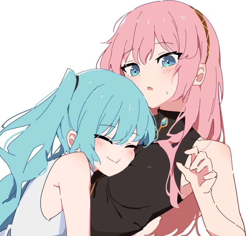 2girls between_breasts black_skirt blue_eyes blue_hair blush breast_press breasts closed_eyes closed_mouth commentary_request face_between_breasts giryu hatsune_miku head_between_breasts highres hug long_hair megurine_luka multiple_girls parted_lips pink_hair shirt simple_background skirt sleeveless sleeveless_shirt smile sweatdrop twintails vocaloid white_background white_shirt yuri