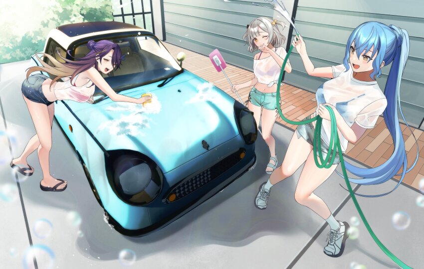 3girls ;) absurdres alternate_costume alternate_hairstyle aqua_shorts black_bow black_shoes blonde_hair blue_bra blue_hair blue_shorts blurry bow bra breasts bubble car commentary depth_of_field english_commentary full_body hair_bun highres holding holding_hose holding_sponge hose long_hair lua_asuka medium_hair motor_vehicle multicolored_hair multiple_girls namiji_freesia one_eye_closed ponytail production_kawaii purple_bra purple_hair red_bra second-party_source shadow shee_icho shima_koume shirt shoelaces shoes shorts side_up_bun smile socks sponge spraying streaked_hair tied_shirt two_side_up underwear very_long_hair virtual_youtuber washing_vehicle water wet wet_clothes wet_shirt white_shoes white_socks yellow_bow yellow_eyes