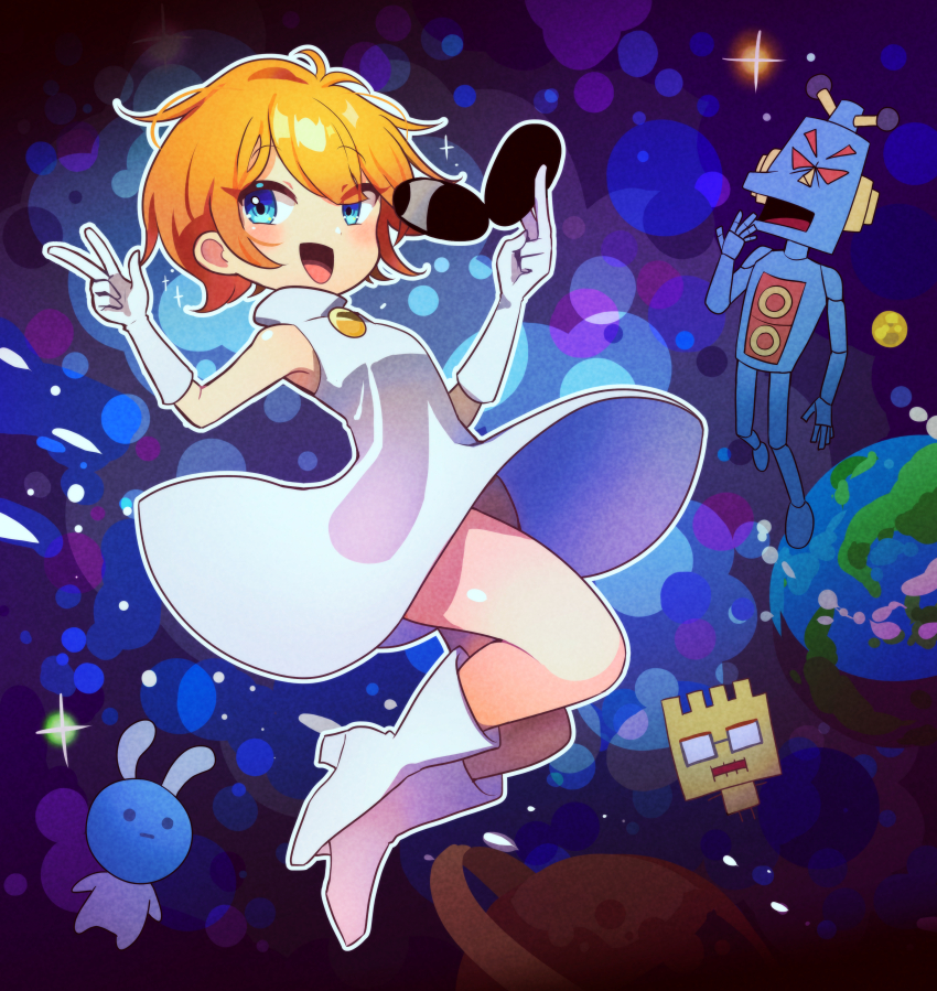 1girl 2boys absurdres alien_bunny_(warioware) blue_eyes dress earth_(planet) fronk gloves highres holding holding_removed_eyewear mike_(warioware) multiple_boys nintendo offbeat open_mouth orange_hair orbulon planet robot short_hair space sunglasses unworn_eyewear v warioware white_dress white_footwear white_gloves