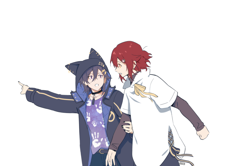 2boys animal_hood armband belt black_armband black_belt black_collar black_hair black_jacket black_nails black_pants black_shorts black_sweater cat_hood collar commentary cowboy_shot earrings eye_contact flower grabbing_another&#039;s_arm hair_between_eyes hair_flower hair_ornament hairclip half_updo hanasaki_miyabi hanasaki_miyabi_(1st_costume) handprint highres holostars hood hood_up jacket jewelry kanade_izuru kanade_izuru_(1st_costume) layered_sleeves lightning_bolt lightning_bolt_hair_ornament lightning_bolt_symbol long_sleeves looking_at_another looking_to_the_side male_focus mono_(bluesky) multiple_boys open_clothes open_jacket open_mouth outstretched_arms padded_jacket pants parted_lips pointing profile purple_eyes purple_shirt red_hair ribbon shirt short_hair short_over_long_sleeves short_sleeves shorts simple_background sweater symbol-only_commentary turtleneck two-sided_fabric two-sided_jacket virtual_youtuber white_background white_shirt yellow_eyes yellow_ribbon