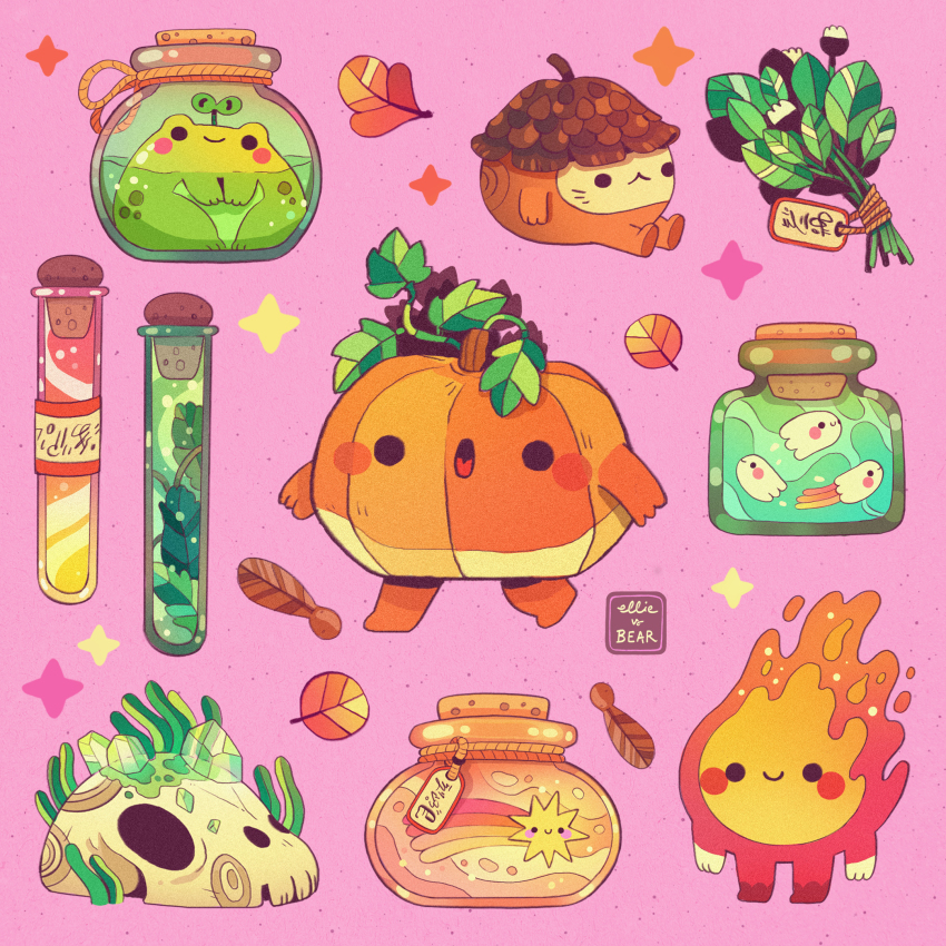 acorn animal_skull artist_name autumn_leaves bottle corked_bottle creature crystal ellievsbear fire flask frog ghost herb_bundle highres jar leaf no_humans original pink_background plant pumpkin signature simple_background smile sparkle spirit standing test_tube