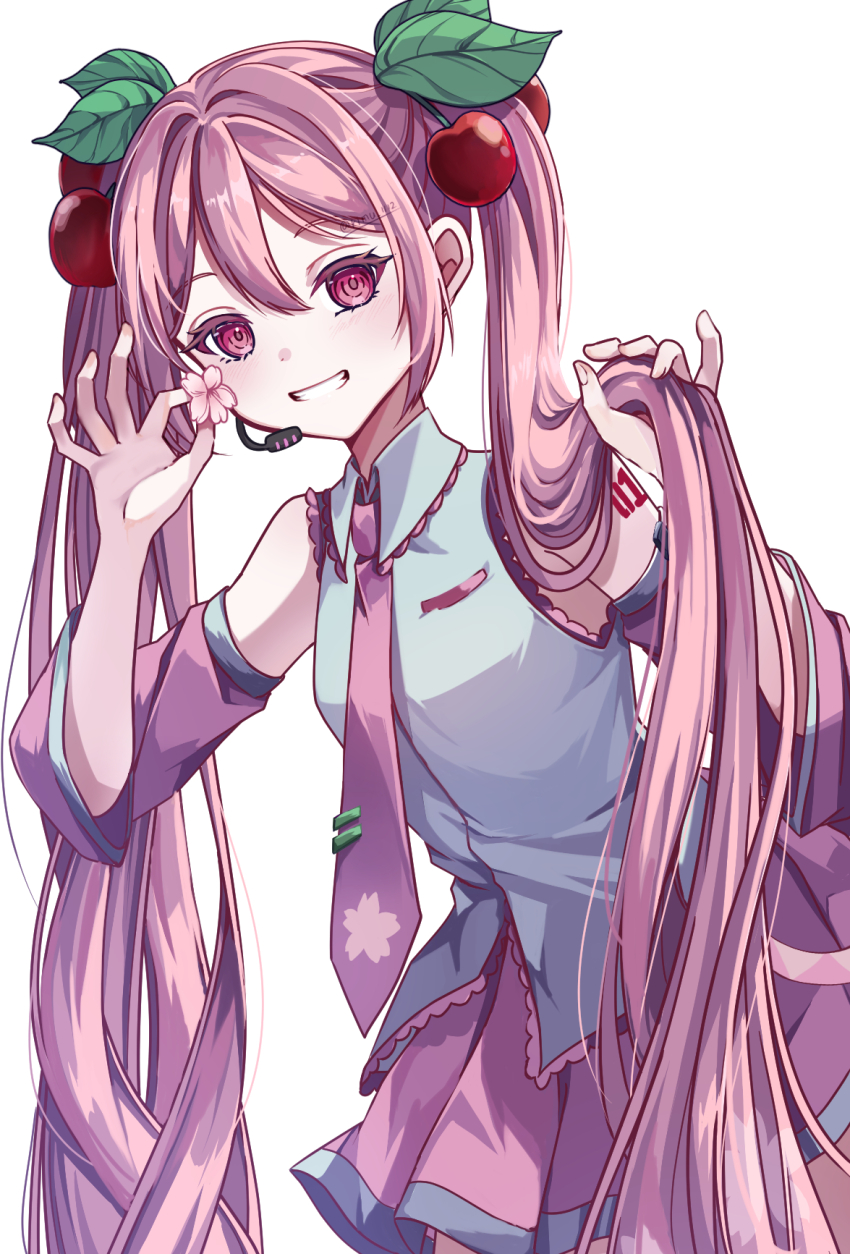 1girl breasts cherry_hair_ornament collared_shirt cowboy_shot detached_sleeves double-parted_bangs food-themed_hair_ornament grin hair_intakes hair_lift hair_ornament hand_in_own_hair hands_up hatsune_miku highres holding holding_own_hair holding_petal leaning_forward long_hair looking_at_viewer microphone necktie petals pink_eyes pink_hair pink_necktie pink_skirt pink_sleeves pleated_skirt rimu_1112 sakura_miku shirt simple_background skirt sleeveless sleeveless_shirt small_breasts smile solo tie_clip twintails very_long_hair vocaloid white_background white_shirt wide_sleeves