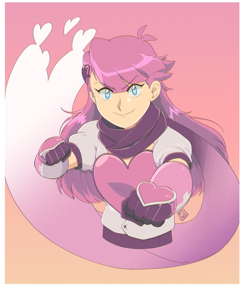1girl blue_eyes clenched_hands commentary dated gradient_background gradient_scarf hair_ornament heart heart_hair_ornament heartful_punch highres kaguras-art long_hair pink_hair pink_scarf scarf simple_background sleepless_domain smile solo symbol-only_commentary upper_body white_scarf