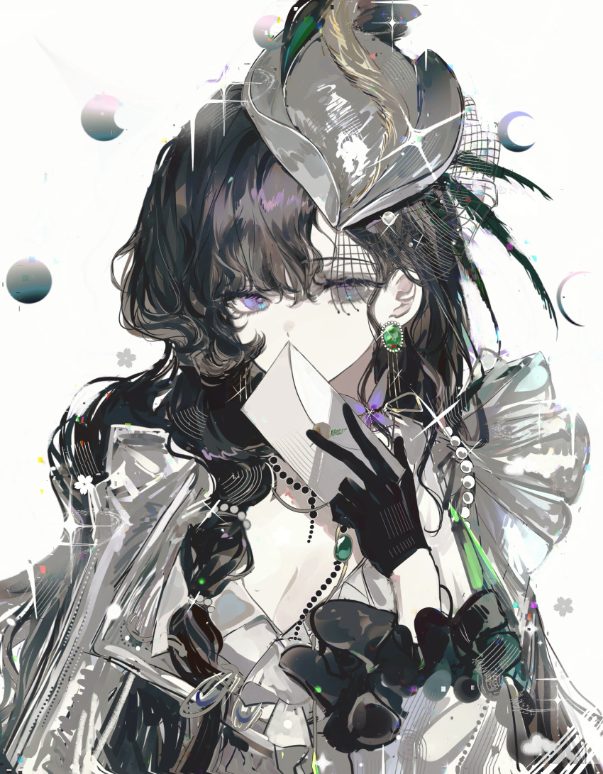 1girl absurdres black_gloves black_hair breasts cleavage covered_mouth covering_own_mouth earrings envelope fishnet_veil frilled_sleeves frills gloves grey_hat grey_jacket hand_up hat highres holding holding_envelope isolde_(and_all_that_jazz)_(reverse:1999) isolde_(reverse:1999) jacket jewelry long_hair moon_phases official_alternate_costume purple_eyes reverse:1999 solo sparkle upper_body weiyan_(nbnbmwnl) white_background