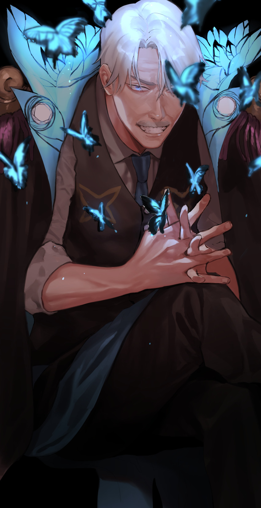 1boy absurdres blue_butterfly blue_eyes blue_necktie brown_vest bug butterfly crossed_legs facial_hair fate_(series) formal_clothes gloves grey_hair grin highres insect interlocked_fingers james_moriarty_(archer)_(fate) james_moriarty_(gray_collar)_(fate) looking_at_viewer male_focus mustache necktie samuraisamurai sitting smile solo vest white_hair