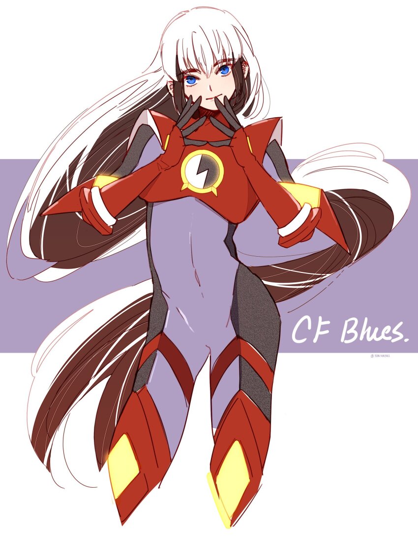 1boy armor black_bodysuit black_hair bodysuit cross_fusion highres long_hair male_focus mega_man_(series) mega_man_battle_network_(anime) mega_man_battle_network_(series) multicolored_hair protoman.exe purple_bodysuit red_armor simple_background solo torihata1 two-tone_hair white_background white_hair
