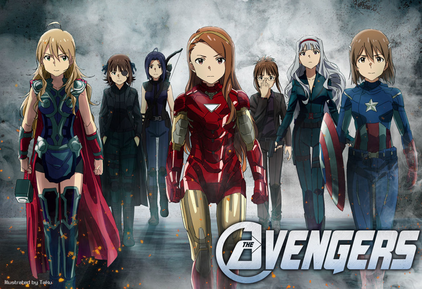 6+girls adjusting_eyewear ahoge akizuki_ritsuko amami_haruka armor armored_boots avengers_(series) black_bodysuit black_hair black_pants black_shirt black_widow black_widow_(cosplay) blue_bodysuit bodysuit boots bow_(weapon) brown_eyes brown_hair bruce_banner bruce_banner_(cosplay) captain_america captain_america_(cosplay) collarbone cosplay eyepatch female_focus formal_clothes glasses hagiwara_yukiho hair_between_eyes hairband hammer hands_in_pockets hawkeye_(marvel) hawkeye_(marvel)_(cosplay) holding holding_hammer holding_shield hoshii_miki idolmaster idolmaster_(classic) iron_man iron_man_(cosplay) looking_at_viewer marvel marvel_cinematic_universe minase_iori miura_azusa multiple_girls nick_fury nick_fury_(cosplay) pant_suit pants red_hairband shield shijou_takane shirt short_hair short_hair_with_long_locks sidelocks silver_hair sleeveless star_(symbol) star_print suit taku1122 the_avengers_(2012) thor_(marvel) thor_(marvel)_(cosplay) weapon yellow_hairband